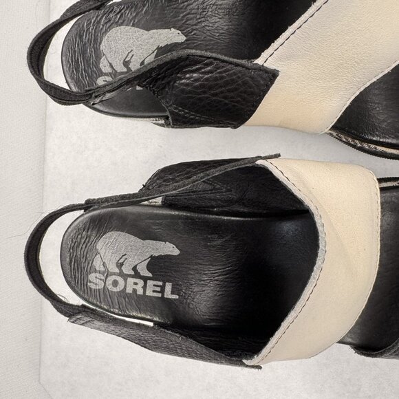 Sorel Womens 7.5 Wedge Sandals Black Beige Strappy Joanie II Slingback Chevron - Picture 9 of 13